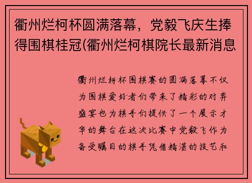 衢州烂柯杯圆满落幕，党毅飞庆生捧得围棋桂冠(衢州烂柯棋院长最新消息)