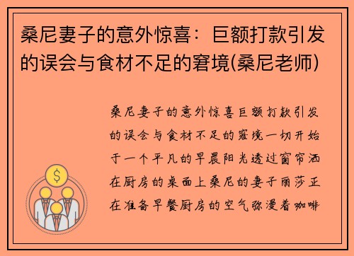 桑尼妻子的意外惊喜：巨额打款引发的误会与食材不足的窘境(桑尼老师)