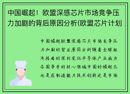 中国崛起！欧盟深感芯片市场竞争压力加剧的背后原因分析(欧盟芯片计划)