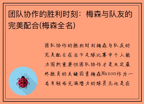 团队协作的胜利时刻：梅森与队友的完美配合(梅森全名)