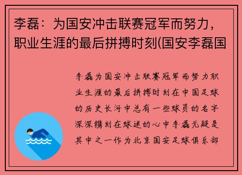 李磊：为国安冲击联赛冠军而努力，职业生涯的最后拼搏时刻(国安李磊国航)
