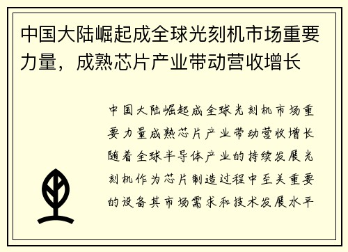 中国大陆崛起成全球光刻机市场重要力量，成熟芯片产业带动营收增长